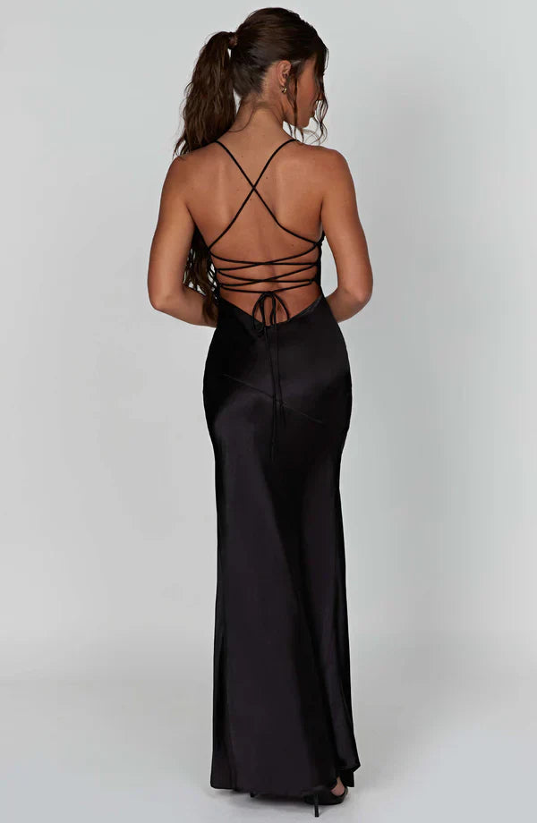 Back view of black satin maxi dress with crisscross lace-up detail