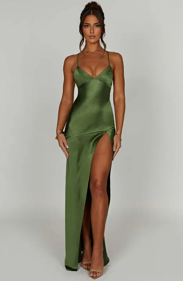 Olive green satin v-neck maxi dress with high slit and thin straps