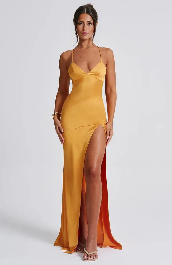 Gold satin v-neck maxi dress with high leg slit and cami straps