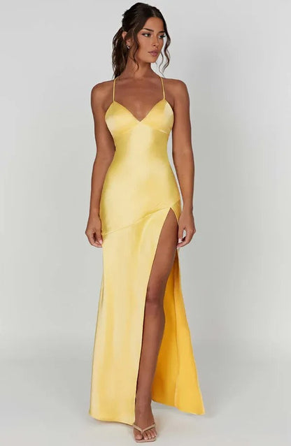 Pale yellow satin v-neck maxi dress with thigh-high slit detail