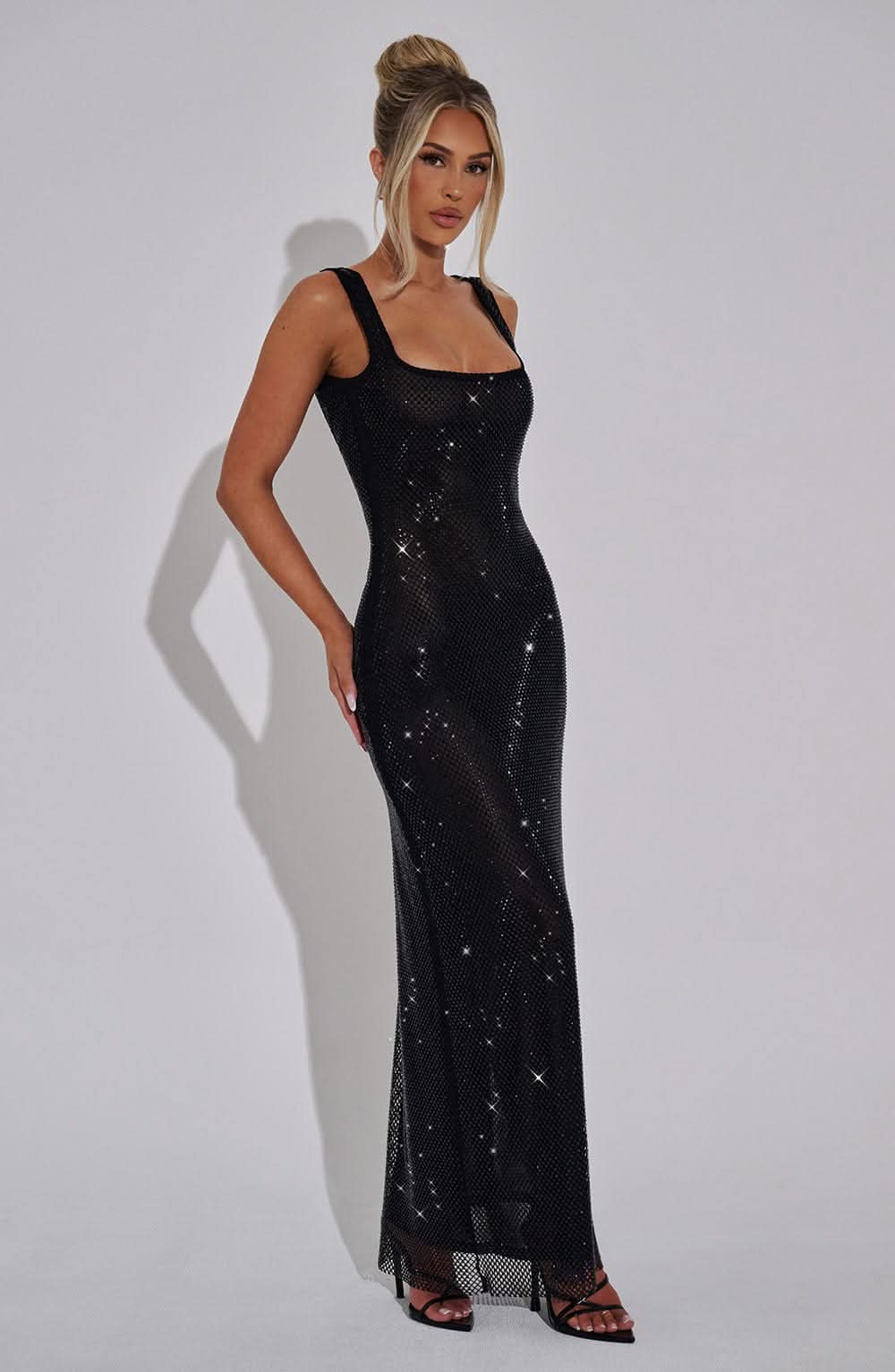 Black sequin square neck sleeveless maxi dress with sparkle