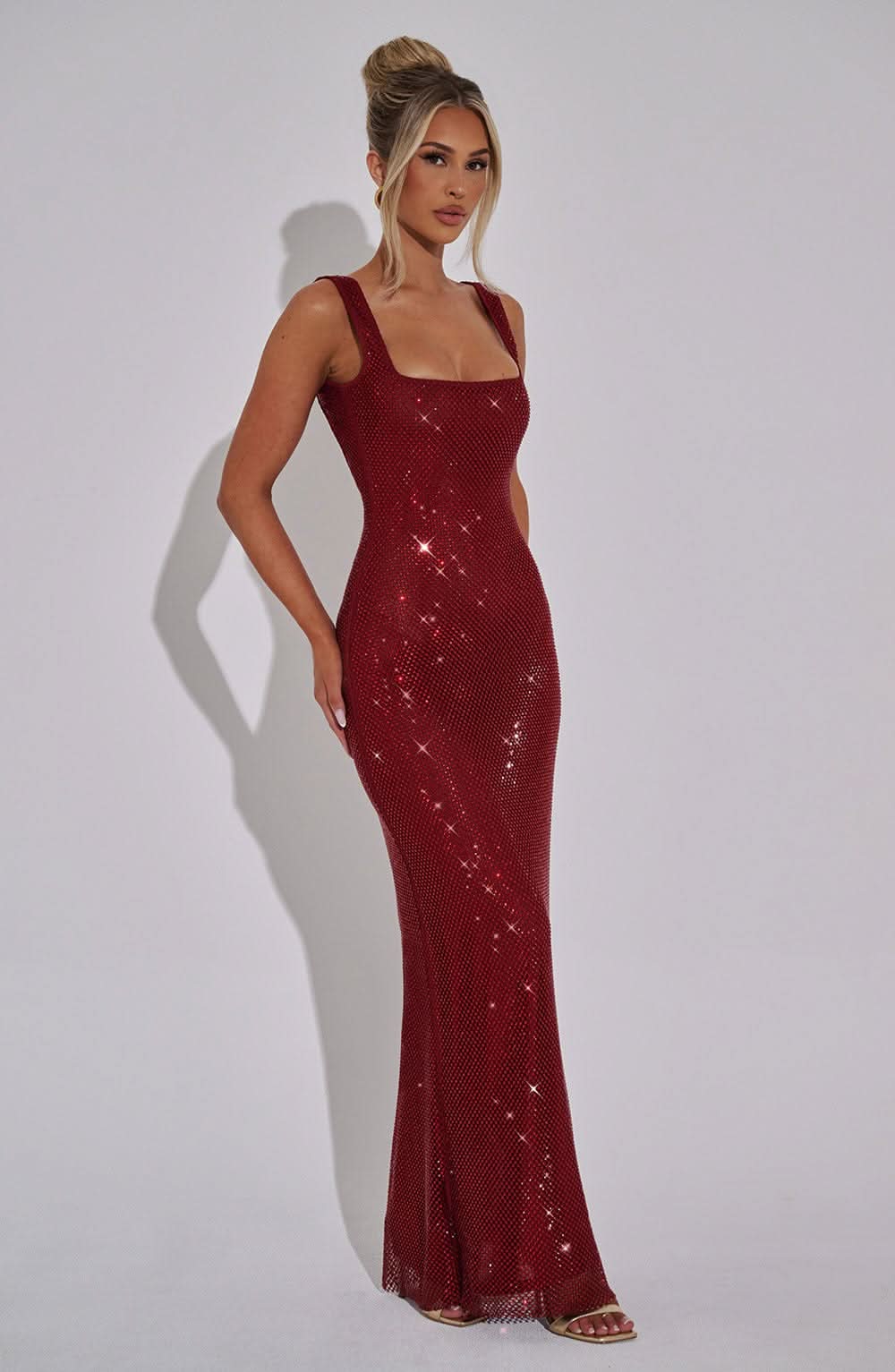 Burgundy red sequin square neck sleeveless maxi dress