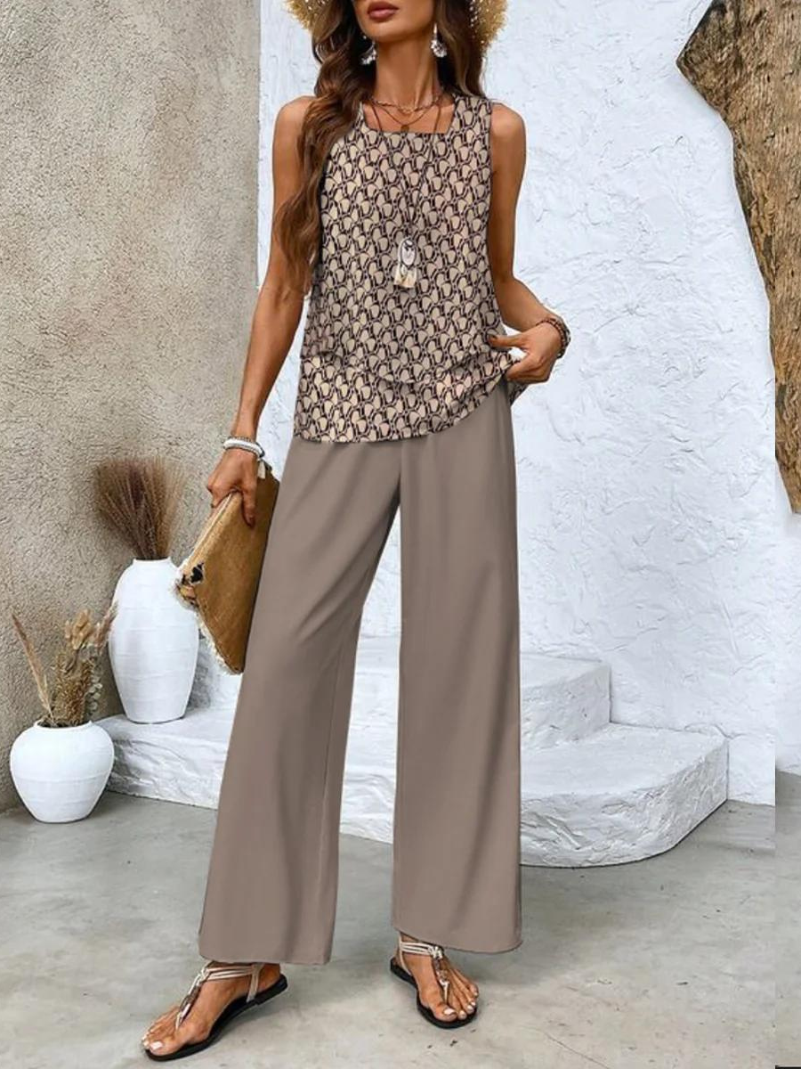Beige geometric patterned sleeveless layered blouse with taupe wide leg pants
