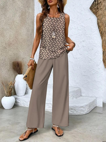 Beige geometric patterned sleeveless layered blouse with taupe wide leg pants