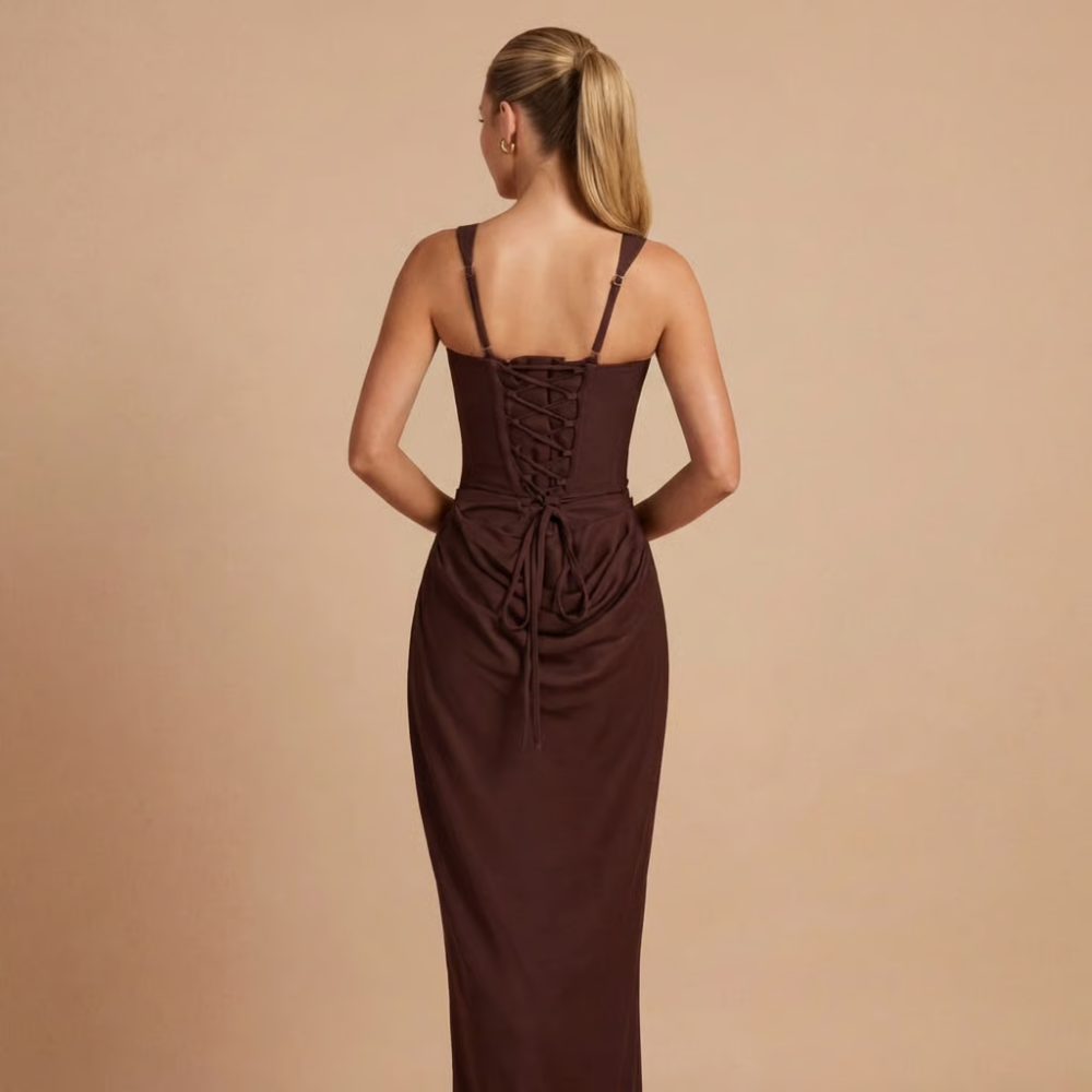 Brown ruched mini dress with square neckline and lace-up back detail