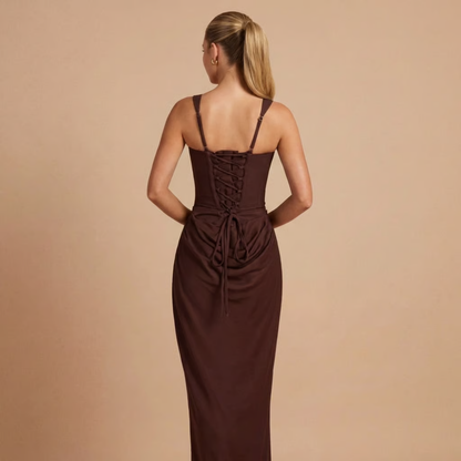 Brown ruched mini dress with square neckline and lace-up back detail