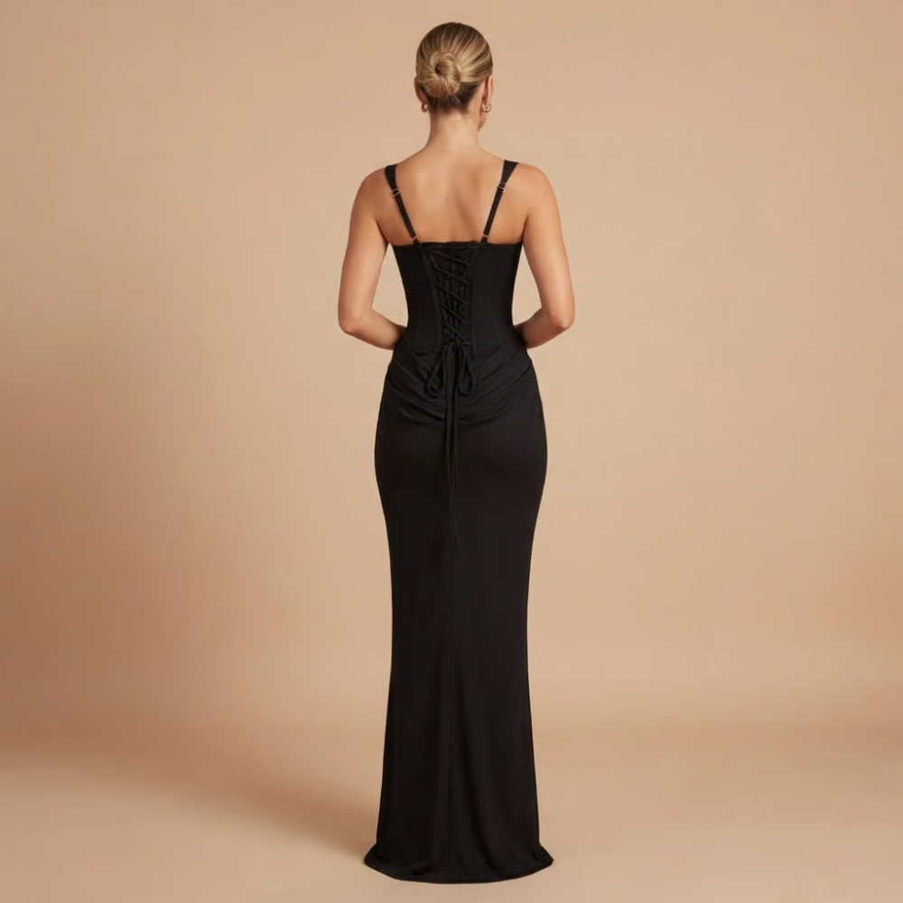 Black ruched mini dress back view showing lace-up corset detail