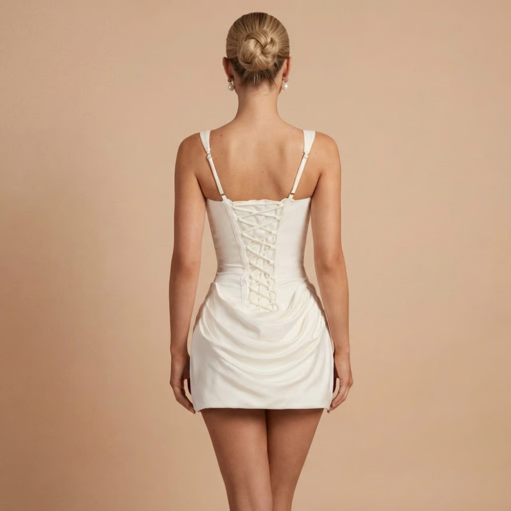 Back view of white square neck dress showing corset lacing