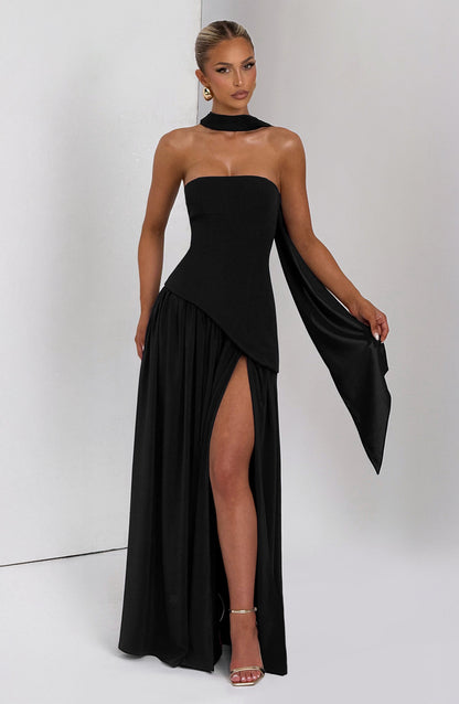 Black strapless maxi dress with choker neckline and asymmetric high slit front