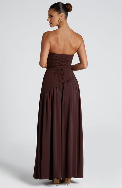 Chocolate brown strapless maxi dress with asymmetric waist and draped side detail