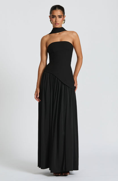 Black strapless maxi dress with choker collar and asymmetric pleated skirt