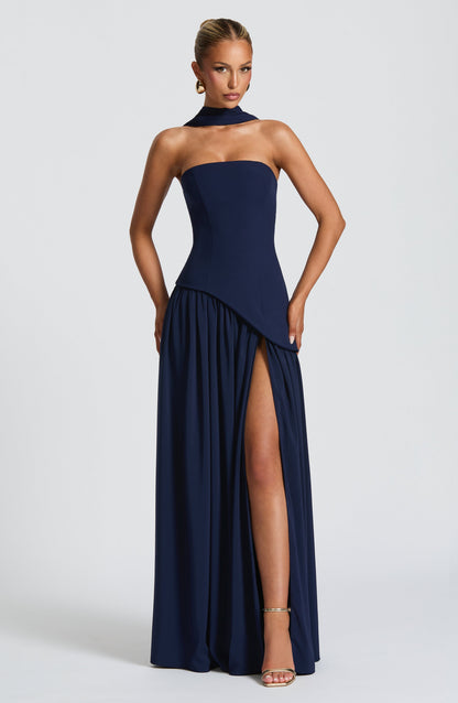 Navy blue strapless maxi dress with choker neck and asymmetric waist slit