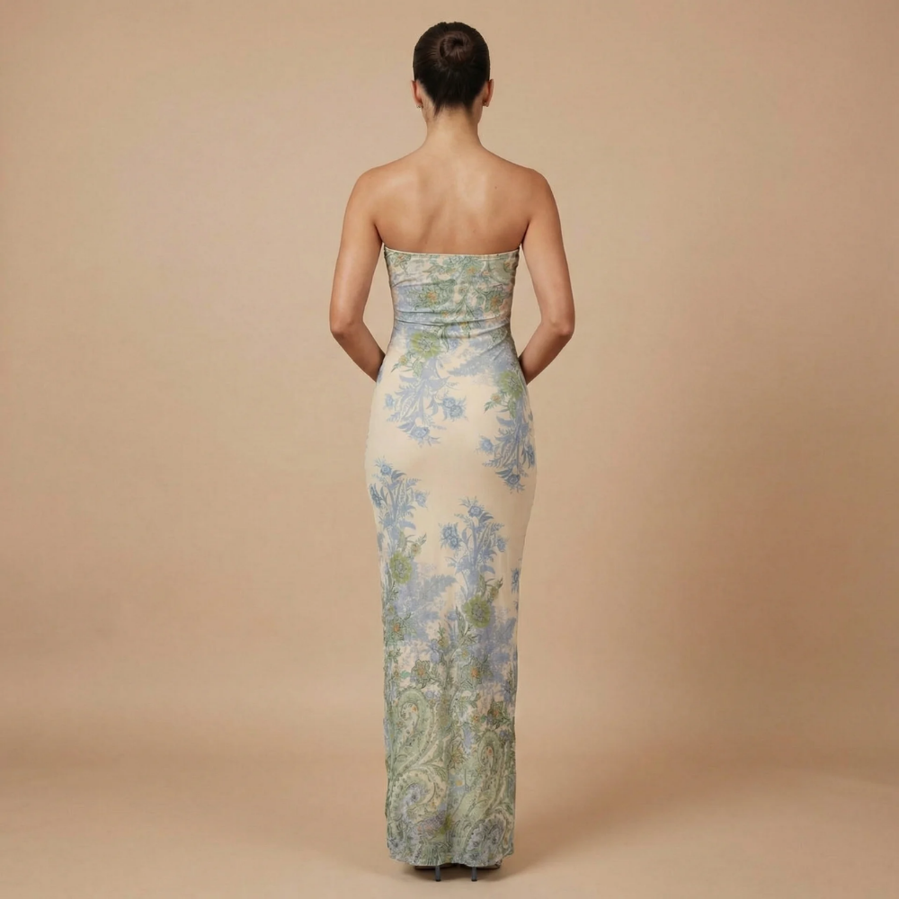 Back view of strapless floral maxi dress showing blue and cream print detail