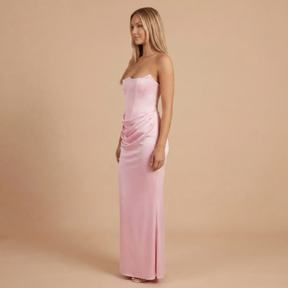 Pink strapless ruched corset maxi dress with side gathering detail