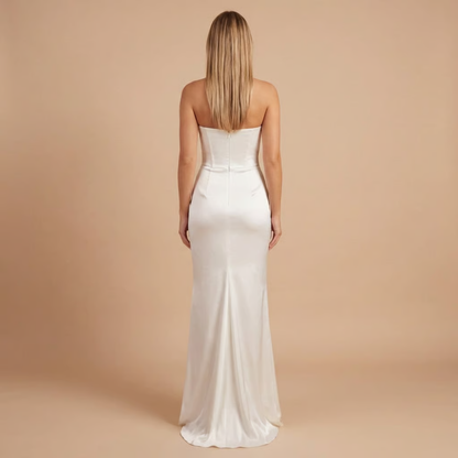 Back view of white strapless maxi dress with ruched waist