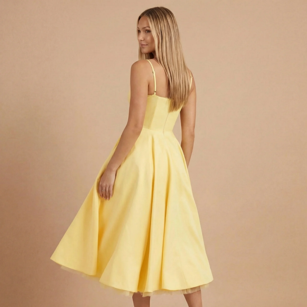 Side view of pale yellow corset midi dress showing pleated skirt