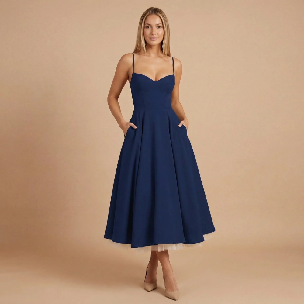 Navy sweetheart neck corset midi dress with full skirt and pockets