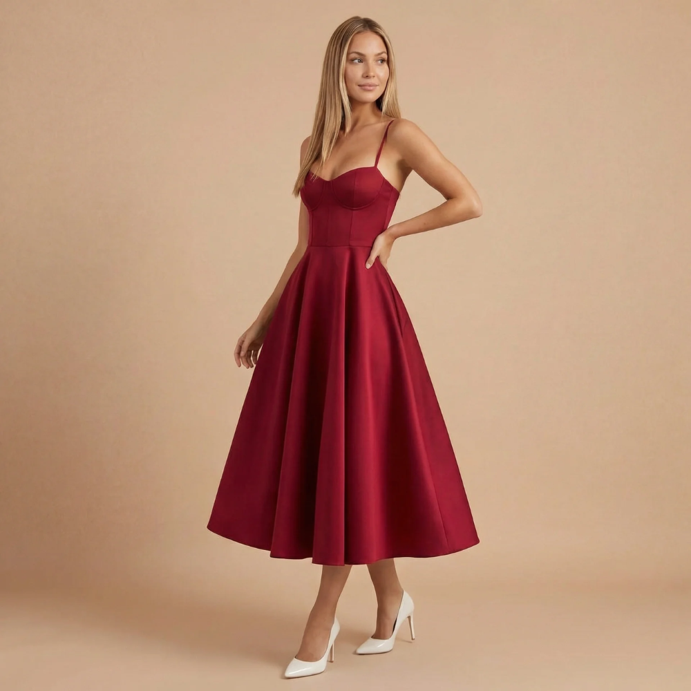 Burgundy sweetheart neck corset midi dress with full pleated skirt