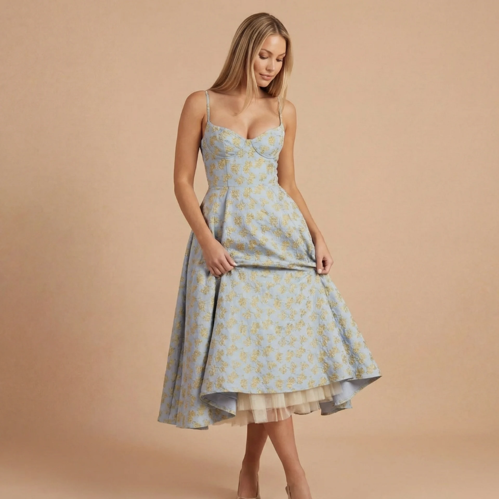Blue floral sweetheart corset midi dress with tulle underlay detail