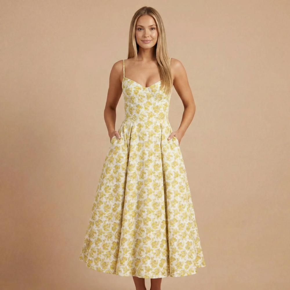 Yellow floral print sweetheart corset midi dress with pockets