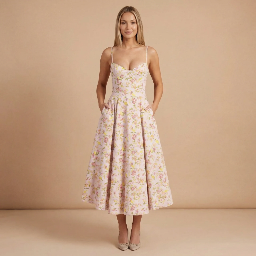 Pink floral sweetheart corset midi dress with full skirt and pockets