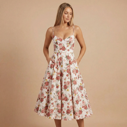 Red and pink floral sweetheart corset midi dress with full skirt