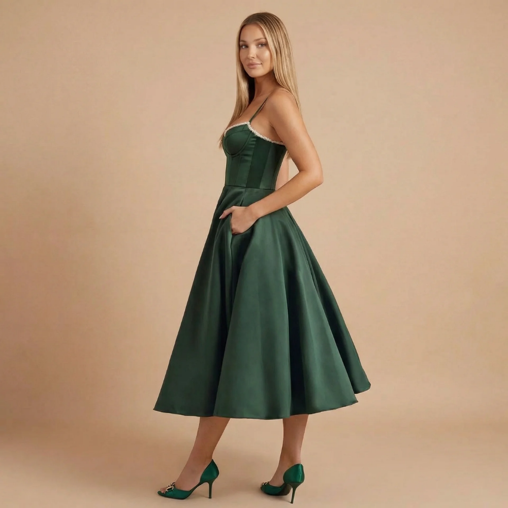 Side view of dark green corset midi dress with spaghetti straps