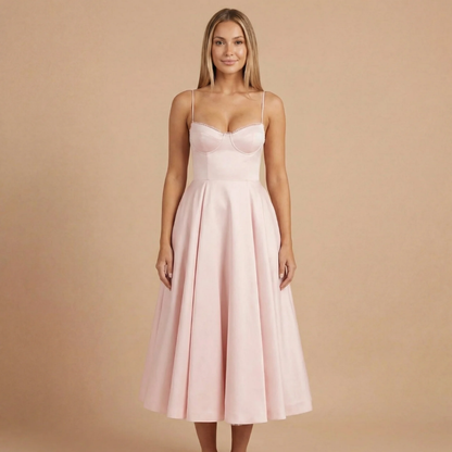 Blush pink sweetheart corset midi dress with pleated skirt
