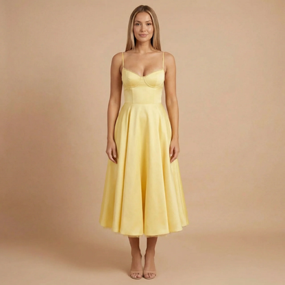 Pale yellow sweetheart corset midi dress with full skirt