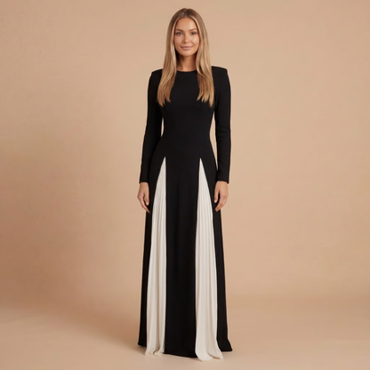 Long-sleeve black and white colorblock maxi dress with crew neckline