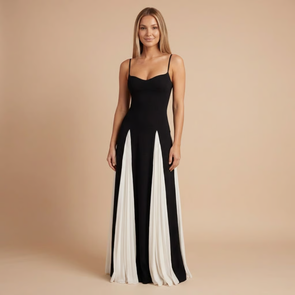 Black and white colorblock maxi dress with sweetheart neckline and spaghetti straps