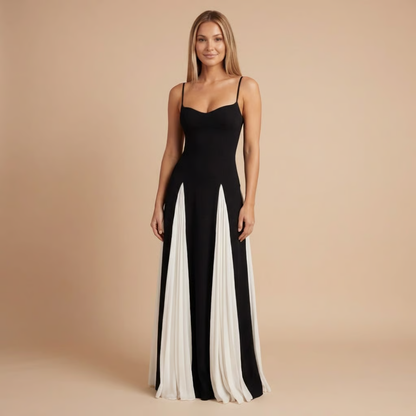 Black and white colorblock maxi dress with sweetheart neckline and spaghetti straps