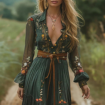 V-neck maxi dress in sage green with multicolor floral embroidery and long sleeves