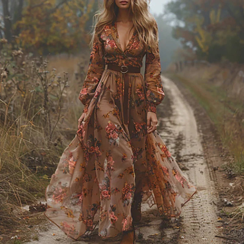 Rust floral embroidered v-neck maxi dress with long sleeves and beige overlay skirt