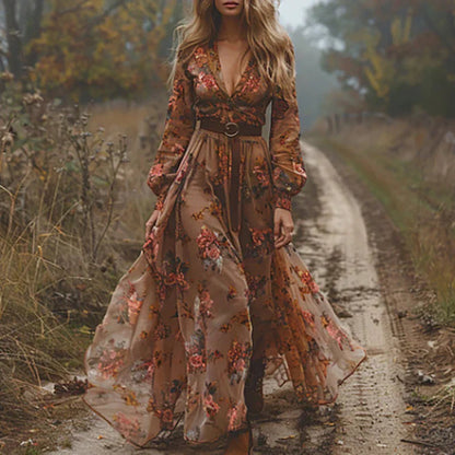 Rust floral embroidered v-neck maxi dress with long sleeves and beige overlay skirt