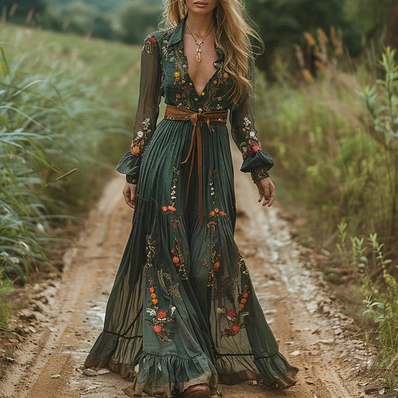Olive green embroidered v-neck maxi dress with floral details and brown belt
