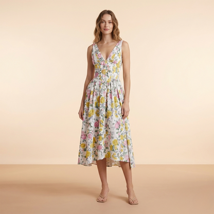 Floral print deep v-neck sleeveless a-line midi dress with yellow and pink flowers