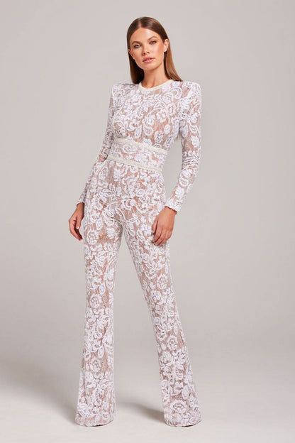 White lace long sleeve jumpsuit with wide leg and cream waist belt