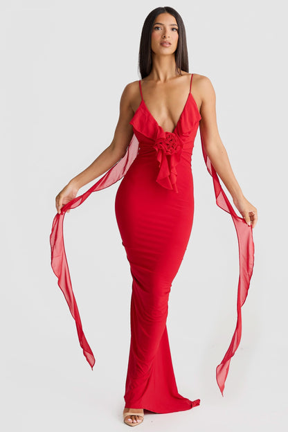 Women red V-neck sleeveless maxi dress with ruffle center detail and flowing chiffon streamers
