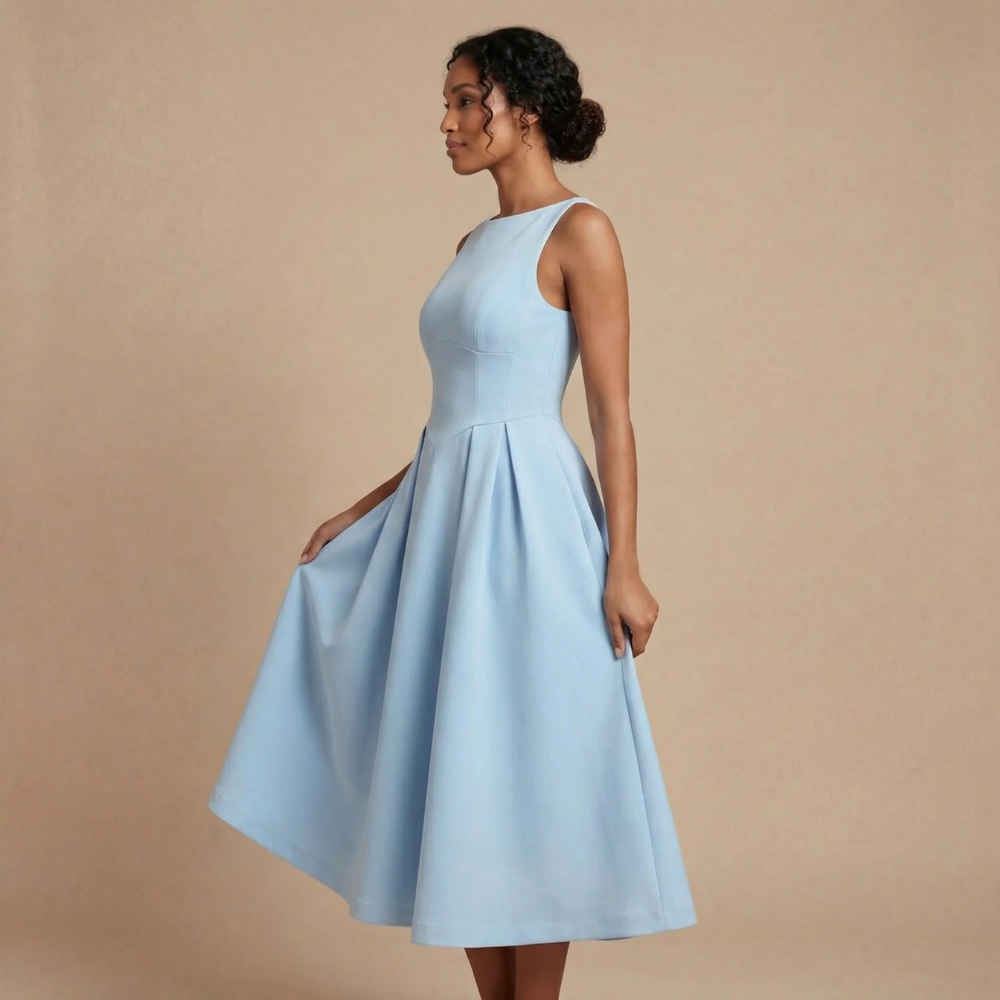 Women light blue boat neck sleeveless A-line midi dress with panel seaming