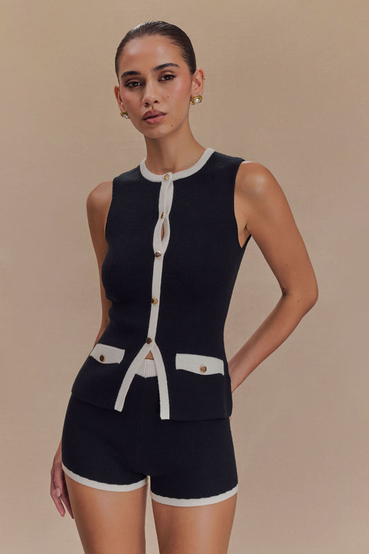 Women black ribbed knit shorts set with button-front sleeveless top and white contrast trim