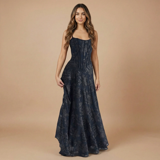 Women navy floral maxi dress with corset bodice and square neckline
