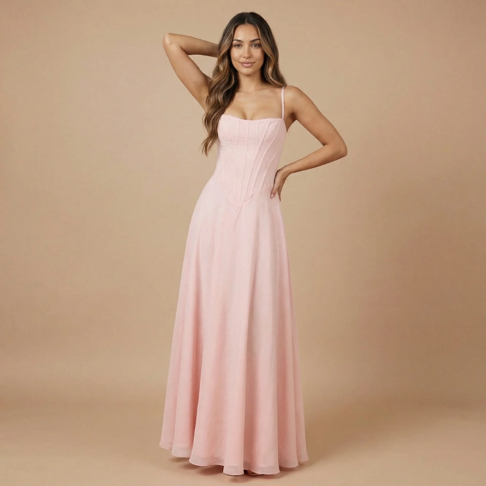 Women pink chiffon corset maxi dress with flowing skirt