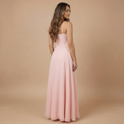 Women pink corset maxi dress back view with thin straps