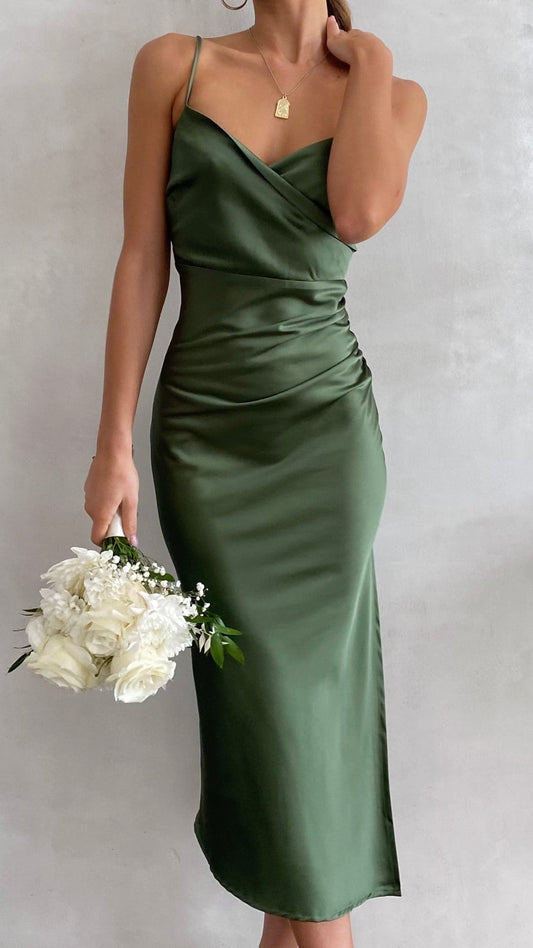 Women sage green satin midi dress with cowl neckline and adjustable spaghetti straps