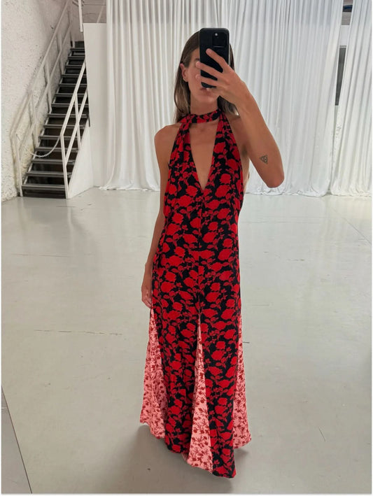 Women red floral halter maxi dress with plunge V-neckline, full-length front view