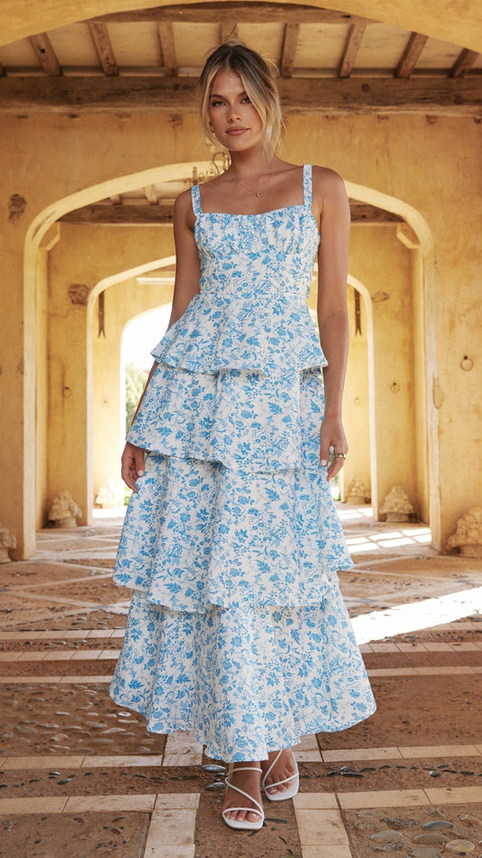 Women blue floral maxi dress with square neckline and tiered ruffles front view