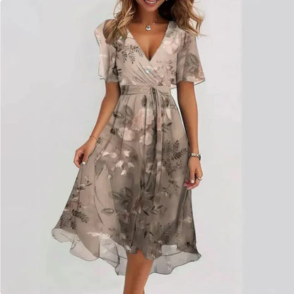 Taupe floral print women's midi dress with V-neck wrap and tie waist closure