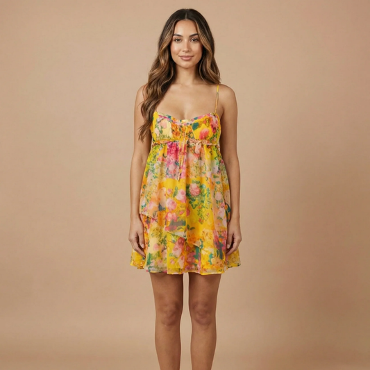 Women's floral mini dress with sweetheart neckline and spaghetti straps, front view