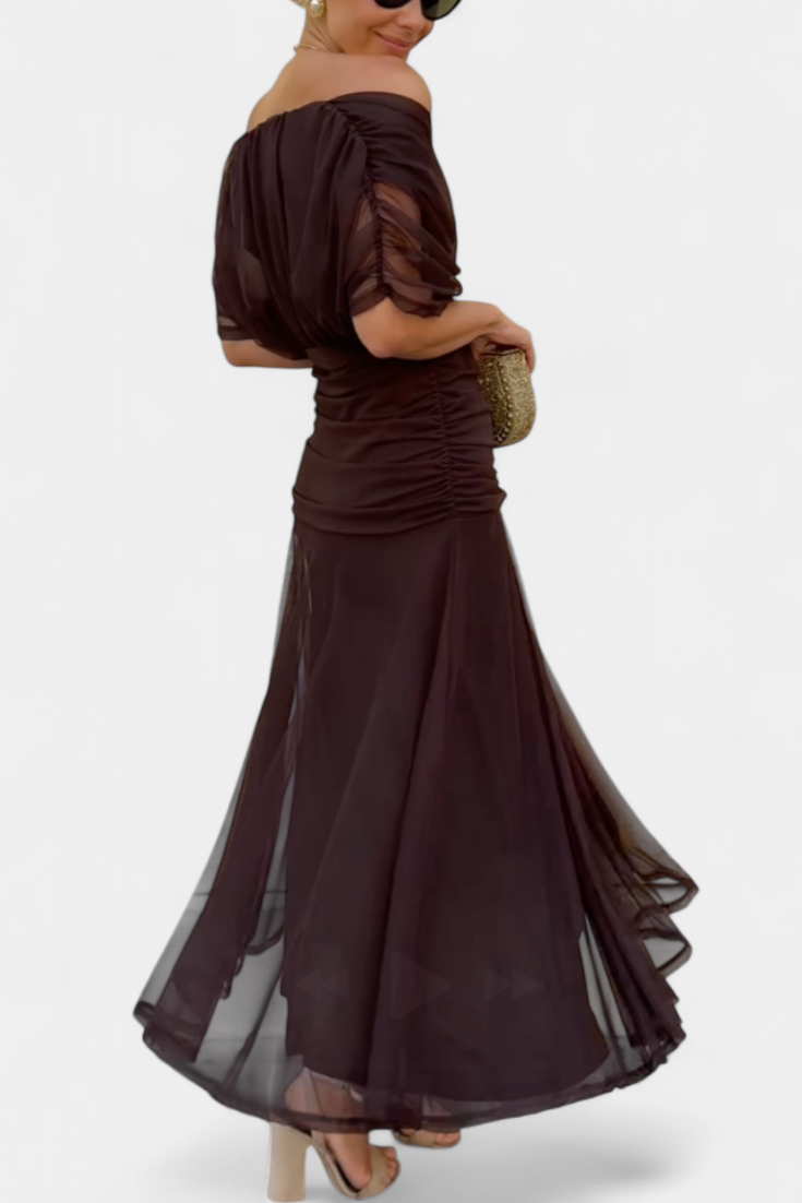 Women brown ruched midi dress off-shoulder back view with flowing skirt